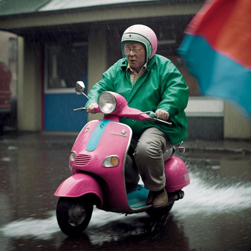 As the White Yamaha Nozza scooter speeds down the rain-soaked road, its rider, dressed in a red flapped raincoat and blue cut off shorts, with a tatty green t-shirt and pink slops, reveals his knobbly knees with each turn of the wheels. He also wears a candy-colored raincoat that flaps in the wind. The scooter approaches a green taxi, similar to a Toyota Yaris but with a boot, moments before impact. The collision will occur on the lower quarter of the taxi's rear passenger side. Despite the imminent accident, the scene is comical and harmless, with no one in immediate danger.
