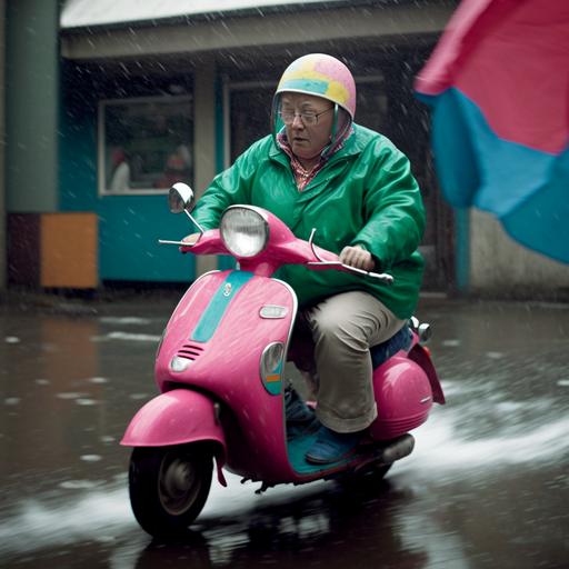 As the White Yamaha Nozza scooter speeds down the rain-soaked road, its rider, dressed in a red flapped raincoat and blue cut off shorts, with a tatty green t-shirt and pink slops, reveals his knobbly knees with each turn of the wheels. He also wears a candy-colored raincoat that flaps in the wind. The scooter approaches a green taxi, similar to a Toyota Yaris but with a boot, moments before impact. The collision will occur on the lower quarter of the taxi's rear passenger side. Despite the imminent accident, the scene is comical and harmless, with no one in immediate danger.