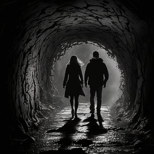 As the couple made their way through the dark tunnel, their silhouettes cast shadows against the curved walls. Their footsteps echoed through the emptiness as they walked hand in hand, the only sounds in a lonely and eerie silence. Despite the darkness, they kept their heads held high and their spirits unbroken. They knew they had each other, and that was all that mattered. They had faced many challenges in their relationship over the years, but they had always emerged stronger and more in love than before. As they emerged from the tunnel, the sun's rays greeted them, and they were momentarily blinded by the brightness. But as their eyes adjusted, they saw the beauty that awaited them. A lush, green forest stretched out before them, with birds chirping and the sound of a nearby creek adding music to the air. They looked at each other and smiled, knowing that they had made it through the darkness and into the light. And though the road ahead might still be challenging at times, they were ready to face it together, emboldened by the strength of their love. HD, realistic, real, photograpic, silhouette