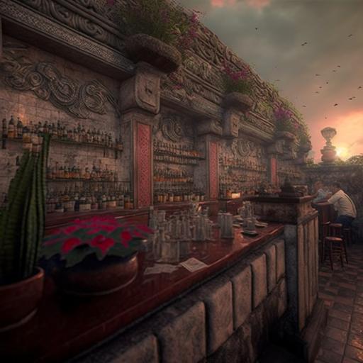 As the sun goes down, an ancient, ancient wall rises in a garden filled with magnificent flowers. One of the remains of a lost Aztec city, this wall is adorned with ancient reliefs, rain clouds gathering on the horizon as the sun illuminates the motifs on the wall. 8k, hyper HD, ornate, intricate, volumetric lighting, octane render --v 4 --q 2 --uplight