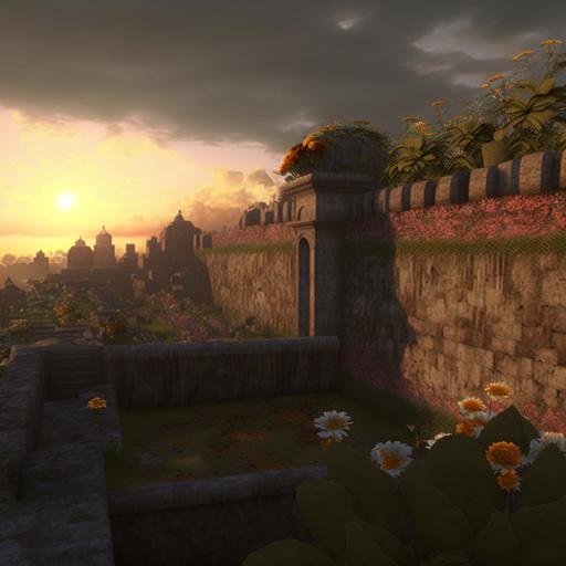 As the sun goes down, an ancient, ancient wall rises in a garden filled with magnificent flowers. One of the remains of a lost Aztec city, this wall is adorned with ancient reliefs, rain clouds gathering on the horizon as the sun illuminates the motifs on the wall. 8k, hyper HD, ornate, intricate, volumetric lighting, octane render --v 4