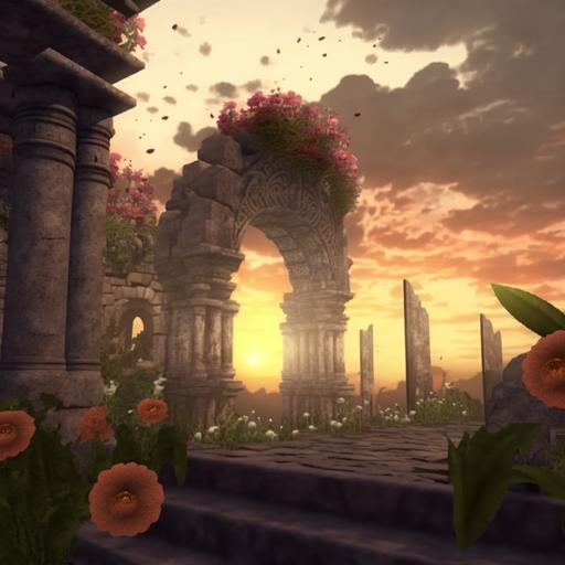 As the sun goes down, an ancient, ancient wall rises in a garden filled with magnificent flowers. One of the remains of a lost Aztec city, this wall is adorned with ancient reliefs, rain clouds gathering on the horizon as the sun illuminates the motifs on the wall. 8k, hyper HD, ornate, intricate, volumetric lighting, octane render --v 4