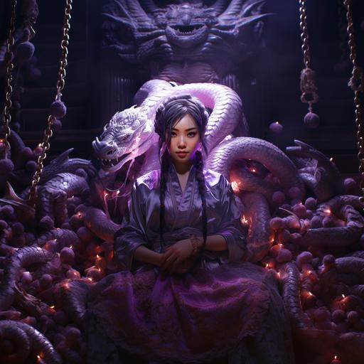 Asain female with glowing purple ooze dripping. white snakes having purple eyes oozing through and around body. Inside a bright lively temple of the snake queen. Light purple ooze dripping from body and snakes, original, extremely detailed 8K wallpaper, detailed snakes, hair, purple hair, beautiful detailed eyes, reflection, greasy snake skin, realistic and delicate facial features, collarbone, prominent. clothes, large hips, bishoujo, gradient hair, slim waist, overexposure, solo, ray tracing, reflection light, long wavy ooze hair, long hair, intricate detail, shiny hair, colored tips, colored inner hair, aquagradient eyes, gradient eyes, eyelashes, finely detail, Depth of field, purple snakes, --s 750