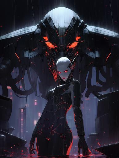 Asajj Ventress, pale bald albino beautiful female robot, cold ominous portrait, albino robot girl standing in the rain, city ruins panorama, contemplating, night, pale, bald, no hair, supervillain, ominous, black purple and green night lighting, depressive, melancholy, noir, glowing neon red eyes pupils, Red-eye effect, concept art, augmented, retro anime cover poster --s 250 --niji 5 --ar 3:4