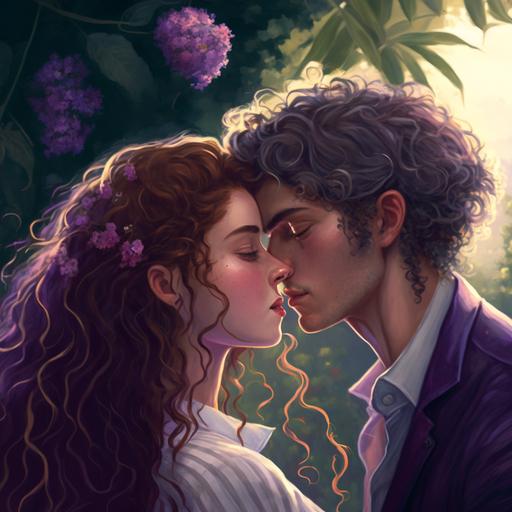 curly hair girl kiss a boy with man bun in the garden, purble theme, realistic, cinematic, 4k, romantic