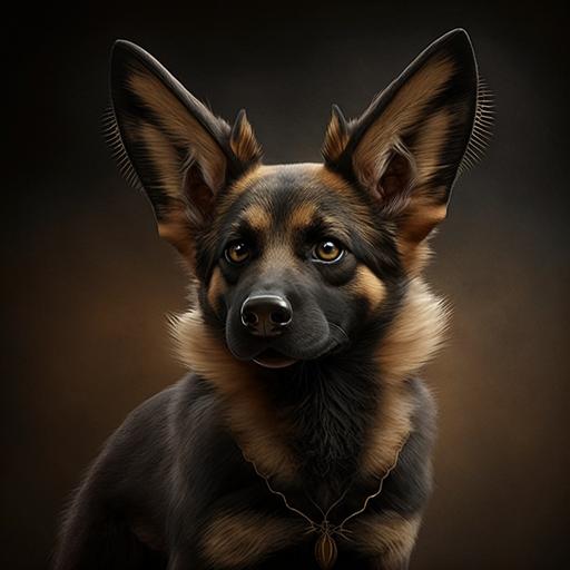 small dog, shaped like a German shepherd, crooked teeth, tall ears like a bat, brown and black fur, super cute