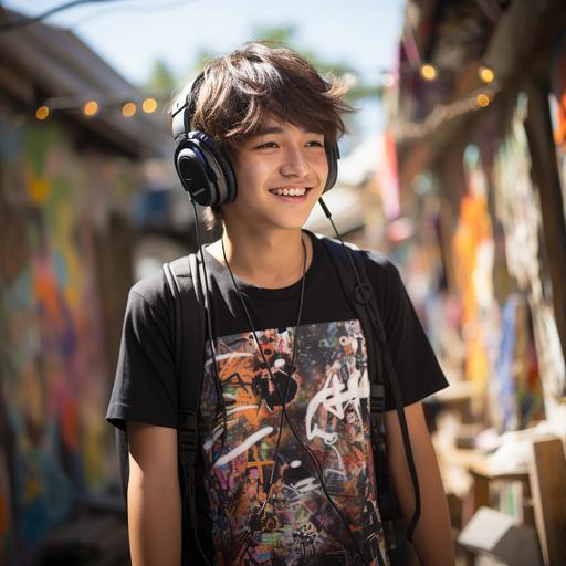 Asian boy 12years old, wearing plain black T shirt, headphones, back ground, graffiti wall, bright sunny day --q 2 --s 750