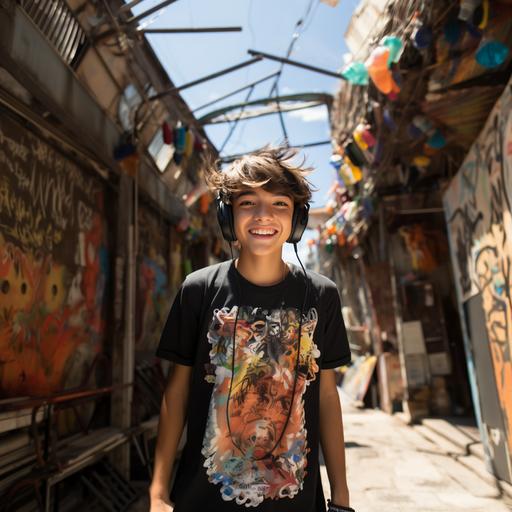Asian boy 12years old, wearing plain black T shirt, headphones, back ground, graffiti wall, bright sunny day --s 750