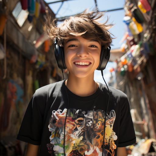 Asian boy 12years old, wearing plain black T shirt, headphones, back ground, graffiti wall, bright sunny day --q 2 --s 750