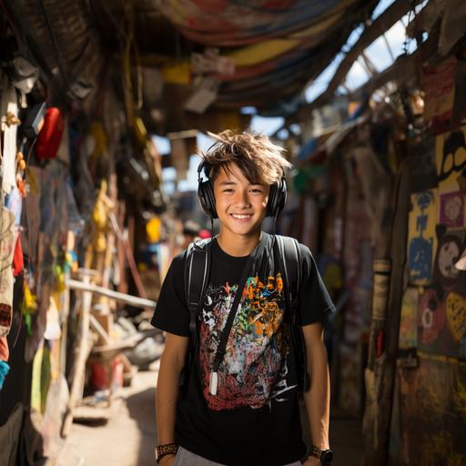 Asian boy 12years old, wearing plain black T shirt, headphones, back ground, graffiti wall, bright sunny day --s 750