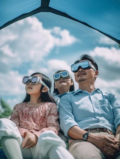 Asian family wearing VR glasses camping, happy expression, camping scene, blue sky and white clouds,shot on fujifilm XT4 --ar 3:4