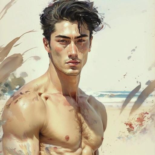 Asian handsome boy，bikini，Roman nose，double-fold eyelids，fair skin，black hair，the whole body，sandbeach，watercolour