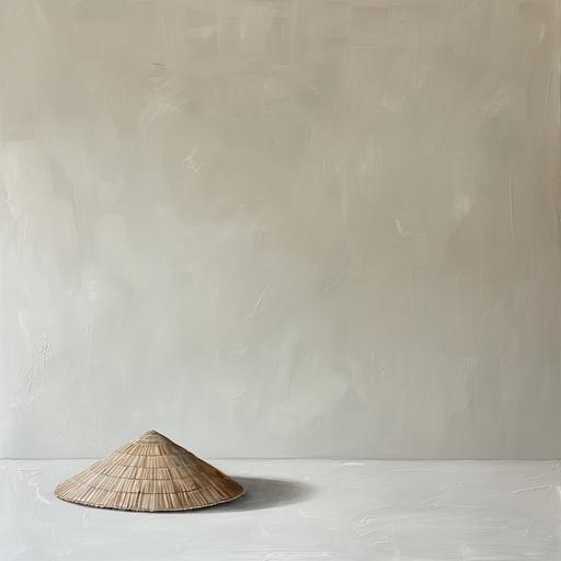 Asian hat is lying on the floor, the background color is cream, minimalism, oil paints on canvas --v 6.0