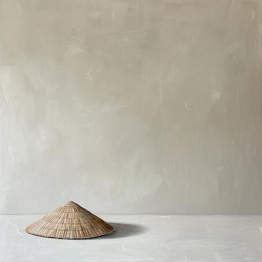 Asian hat is lying on the floor, the background color is cream, minimalism, oil paints on canvas