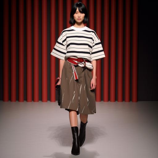 Asian model with short black hair, model is wearing an oversized long sleeve striped t-shirt, she is also wearing a short brown pants side pockets beige color, model is holding many small red bags, FULL BODY MODEL, HD RESULT, MSGM fashion show