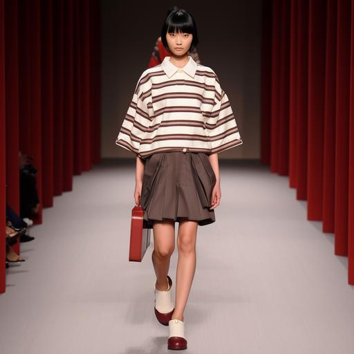 Asian model with short black hair, model is wearing an oversized long sleeve striped t-shirt, she is also wearing a short brown pants side pockets beige color, model is holding many small red bags, FULL BODY MODEL, HD RESULT, MSGM fashion show --v 5.2