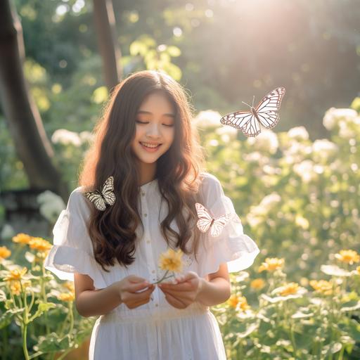Asian teen age girl with white skirt in garden, happy, with smile on face, sunshine, warm, comfortable, butterfly beautiful, close up
