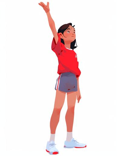 Asian woman, wears a red jacket with a hood and blue shorts, white tennis shoes. disney animation, atey ghailan style --niji --style expressive  --ar 3:4 --s 250