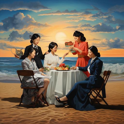 Five Asian women, including one career woman, one woman dressed in glamorous attire leaning on a chair, one sportswoman, one female artist, and one chef, enjoying a dinner on the grassy expanse of a wide beach with gentle waves lapping nearby and no one else around. --v 5.2