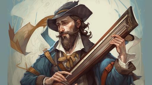 Asmongold as a fashionably dressed colonial Bard wearing a feather hat and playing a harp. in the style of Final Fantasy XIV --ar 16:9 --v 5 --stylize 1000