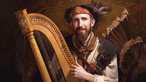 Asmongold as a fashionably dressed colonial Bard wearing a feather hat and playing a harp. in the style of Final Fantasy XIV --ar 16:9 --v 5 --stylize 1000