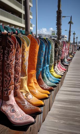 Assorted colorful cowboy boots lined up on the boardwalk in Galveston --v 5 --ar 3:5 --s 1000 --q 4