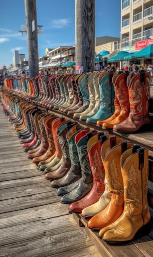 Assorted colorful cowboy boots lined up on the boardwalk in Galveston --v 5 --ar 3:5 --s 1000 --q 4