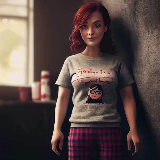 character design,  Modern woman, short stature and a little chubby, long wavy brunette hair, wearing a grey tee shirt and red and black plaid pajama pants. very cute features. freckles.  extremely detailed   ultra-realistic   cinematic lighting, 4k   uhd cozy atmosphere.  --test --upbeta --upbeta