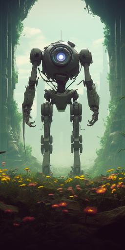 Astral realm ruins environment, runepunk very detailed robot full-body with symmetrical eyes, foxes, picking up flower, cinematic lighting, amazing composition , 3d octane render, unreal engine, hyper realistic, soft illumination, trending artstation, environmental concept art, all in grey, trending on ArtStation, , cinematic lighting --ar 1:2 --s 250