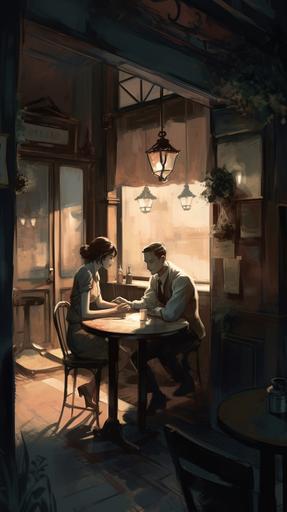 At a charming café nestled in a bustling city, a person sits at a table, engrossed in a conversation with a captivating stranger. The stranger holds a vintage locket in their hand, which emits a faint, ethereal glow, capturing the person's attention. With every passing moment, the connection between them deepens, and a spark of potential romance fills the air. Soft jazz music plays in the background, setting a romantic tone. The café is adorned with delicate fairy lights, casting a warm, dreamlike ambiance. The aroma of freshly brewed coffee and freshly baked pastries lingers, adding to the sensory experience. As the conversation unfolds, it becomes clear that they have stumbled upon something truly extraordinary. Painting, rendered with acrylics on canvas, capturing the vibrant colors of the café, the intimate interaction between the person and the stranger, and the subtle glow of the locket, conveying the magic and possibility of newfound love. --ar 9:16 --v 5
