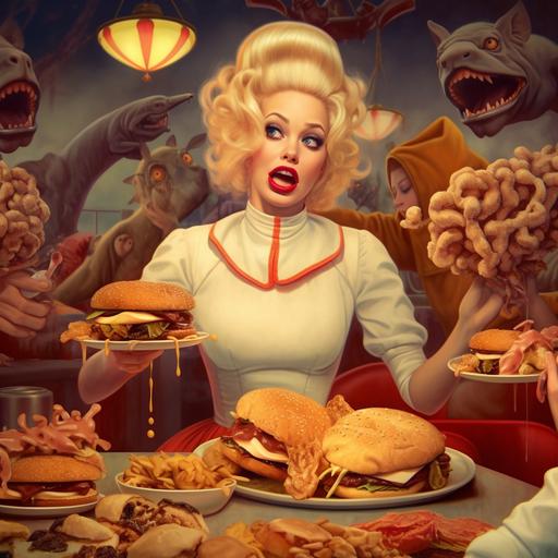 At a fast food restaurant, a glamorous blonde woman, with mascara running down her face and a smile, serves a line of anthropomorphic animals rotten burger meat. Extremely high definition. Progressive design. Surrealistic. Hyperrealism::8k::maximum detail:: extremely bold fashion