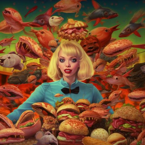 At a fast food restaurant, a glamorous blonde woman, with mascara running down her face and a smile, serves a line of anthropomorphic animals rotten burger meat. Extremely high definition. Progressive design. Surrealistic. Hyperrealism::8k::maximum detail:: extremely bold fashion