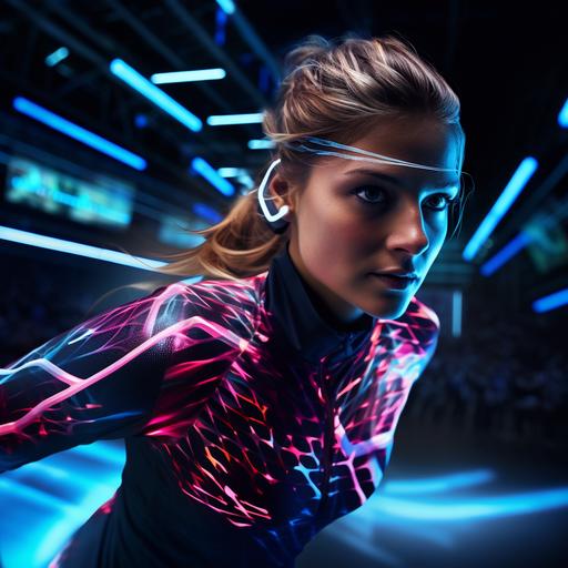 At a high-tech sports event, photograph a model in athletic, smart holographic gear. The clothing reacts to her movements and the intensity of the game, displaying dynamic holographic visuals that represent the speed, agility, and energy of the sporting world