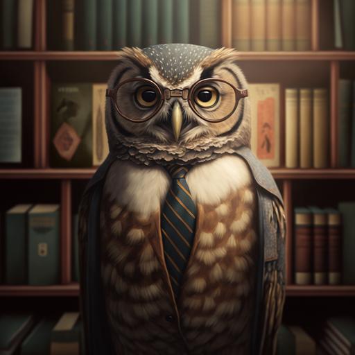 a photo of an owl reading a book in library standing, wearing glasses, wearing a vintage suit, quiet sign on the library wall, soft lit book shelves