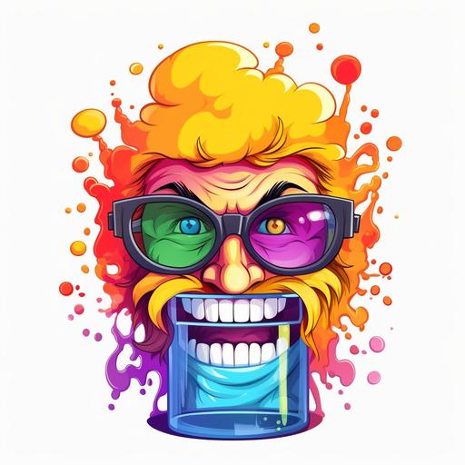 mad scientist face chemistry cartoon test tub glass melty dripping rainbow vector no background