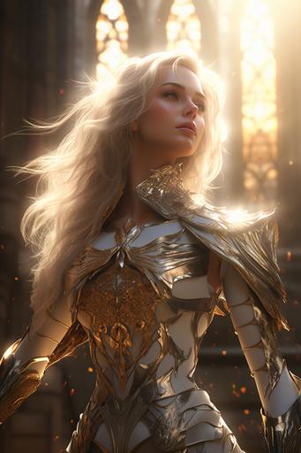 Attractive, blonde queen, blue eyes, golden sunbeams in the background, hair flowing in the wind, chin up high, standing defiantly, fantasy, intricate, highly detailed, artstation, photorealistic, sharp focus, art by Ruan Jia and Jana Schirmer, full body render, 8k render, high definition, cinematic, atmospheric, octane render, --ar 2:3
