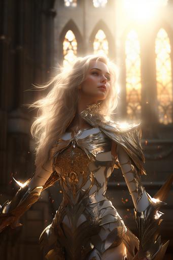 Attractive, blonde queen, blue eyes, golden sunbeams in the background, hair flowing in the wind, chin up high, standing defiantly, fantasy, intricate, highly detailed, artstation, photorealistic, sharp focus, art by Ruan Jia and Jana Schirmer, full body render, 8k render, high definition, cinematic, atmospheric, octane render, --ar 2:3