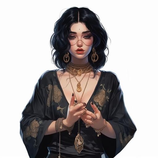 Attractive female character with tied black hair, villain, headchain, necklace, shh finger pose, elegant clothes with patterns, detailed