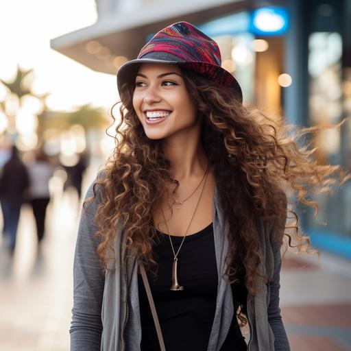 Attractive hawaiian fashion model female person walking with headphones, beanie hat, long curly hair, in the style of tokina opera 50mm f/1.4 ff, energetic gestures, Thomas leuthard, Nikon d850, colorful, smilecore, chic –ar 9:16 –q 2 --v 5.2