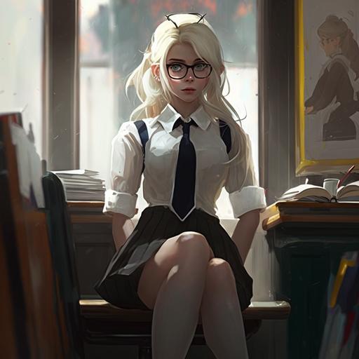 Attractive twenties blonde secretary wearing glasses, sitting on chair, legs crossed, black schoolgirl skirt, black pantyhose, heels, white blouse, 4k