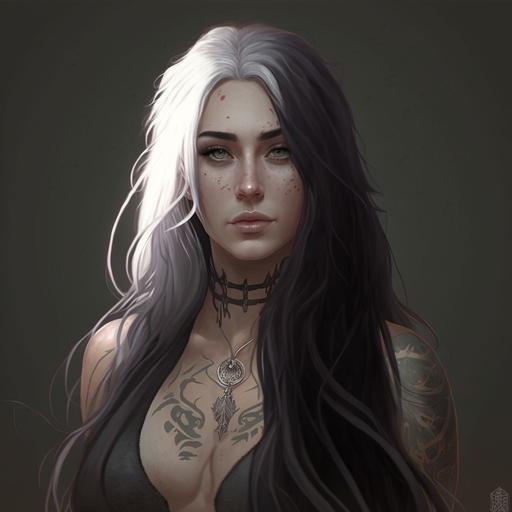 Attractive woman, opulent chest, long black and white hair, totally white eyes without iris, tender smile, esoteric tattoo on the left side of her face, she is wearing casual clothes, rpg character, fullbody, her complexion is pale, high définition, ultra realistic, ultra detailed