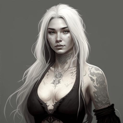 Attractive woman, opulent chest, long black and white hair, totally black eyes without iris, tender smile, esoteric tattoo on the left side of her face, she is wearing casual clothes, rpg character, fullbody, her complexion is pale, high définition, ultra realistic, ultra detailed
