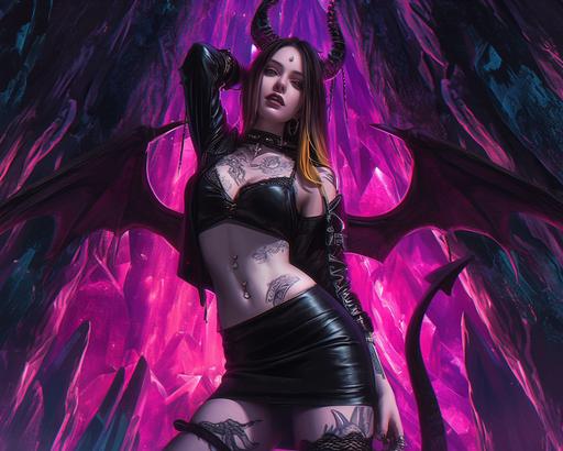 Attractive young woman in leather skirt, tattoos, piercings, posing next to a *Giant Crystal Cave* Baphomet altar, a statue, in the style of anime art, devilcore, hyper-realistic illustrations, 32k uhd, dragon art, dark background, hyper-realistic characters --ar 5:4 --s 49 --niji 6