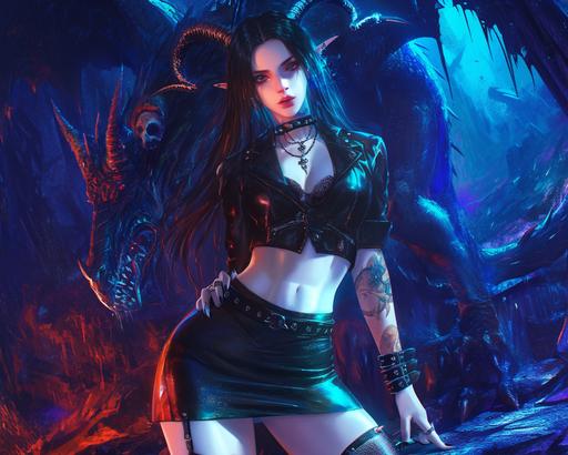 Attractive young woman in leather skirt, tattoos, piercings, posing next to a *Giant Crystal Cave* Baphomet altar, a statue, in the style of anime art, devilcore, hyper-realistic illustrations, 32k uhd, dragon art, dark background, hyper-realistic characters --ar 5:4 --s 49 --niji 6