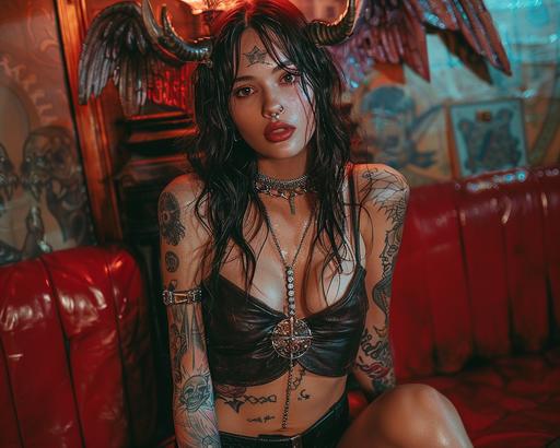 Attractive young woman in leather skirt, tattoos, piercings, posing next to a *Giant Crystal Cave* Baphomet altar, a statue, in the style of anime art, devilcore, hyper-realistic illustrations, 32k uhd, dragon art, dark background, hyper-realistic characters --v 6.0 --ar 5:4 --s 799