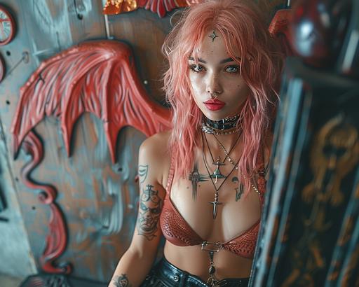 Attractive young woman in leather skirt, tattoos, piercings, posing next to a *Giant Crystal Cave* Baphomet altar, a statue, in the style of anime art, devilcore, hyper-realistic illustrations, 32k uhd, dragon art, dark background, hyper-realistic characters --v 6.0 --ar 5:4 --s 899
