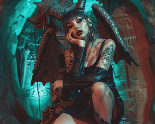 Attractive young woman in leather skirt, tattoos, piercings, posing next to a *Giant Crystal Cave* Baphomet altar, a statue, in the style of anime art, devilcore, hyper-realistic illustrations, 32k uhd, dragon art, dark background, hyper-realistic characters --v 6.0 --ar 5:4 --s 79