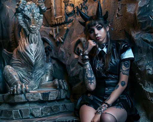 Attractive young woman in leather skirt, tattoos, piercings, posing next to a *Giant Crystal Cave* Baphomet altar, a statue, in the style of anime art, devilcore, hyper-realistic illustrations, 32k uhd, dragon art, dark background, hyper-realistic characters --v 6.0 --ar 5:4 --s 79