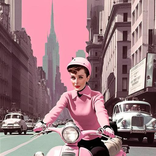 Audrey Hepburn riding through Manhattan on a ((Pink Vespa)) by Fellini --v 4