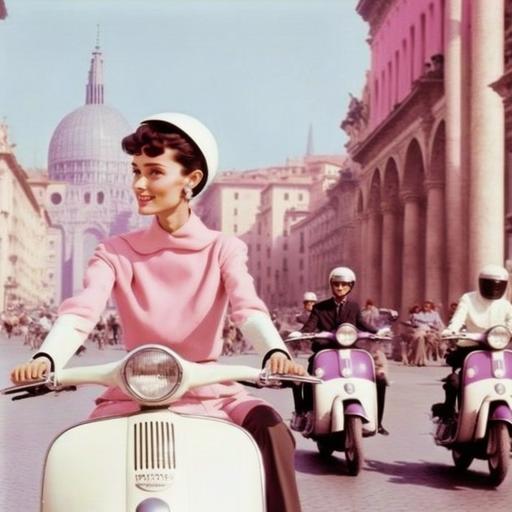 Audrey Hepburn riding through Milan on a ((Pink Vespa)) by Mel Crair and Ed Chiriacka --v 4